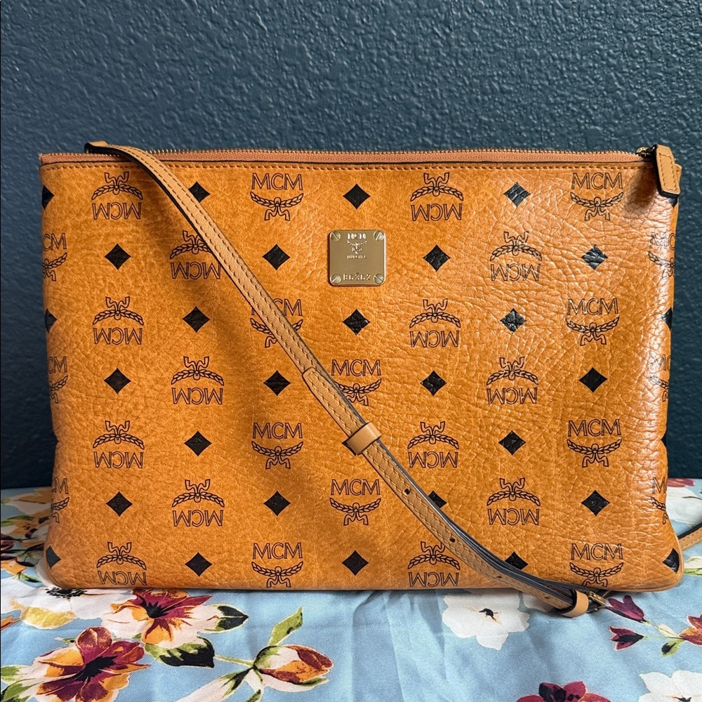 MCM Cognac Visetos Logo Crossbody Bag